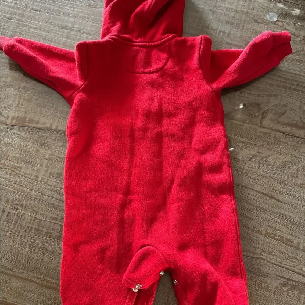 RALPH LAUREN Red Hooded Baby Onesie with Logo 3-6 Mo